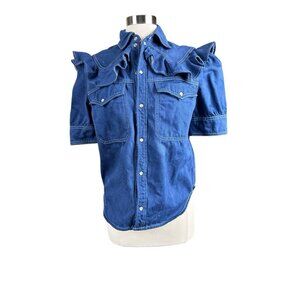 Zadig & Voltaire Top Women Medium M Toky Denim pearl button romantic ruffle boho